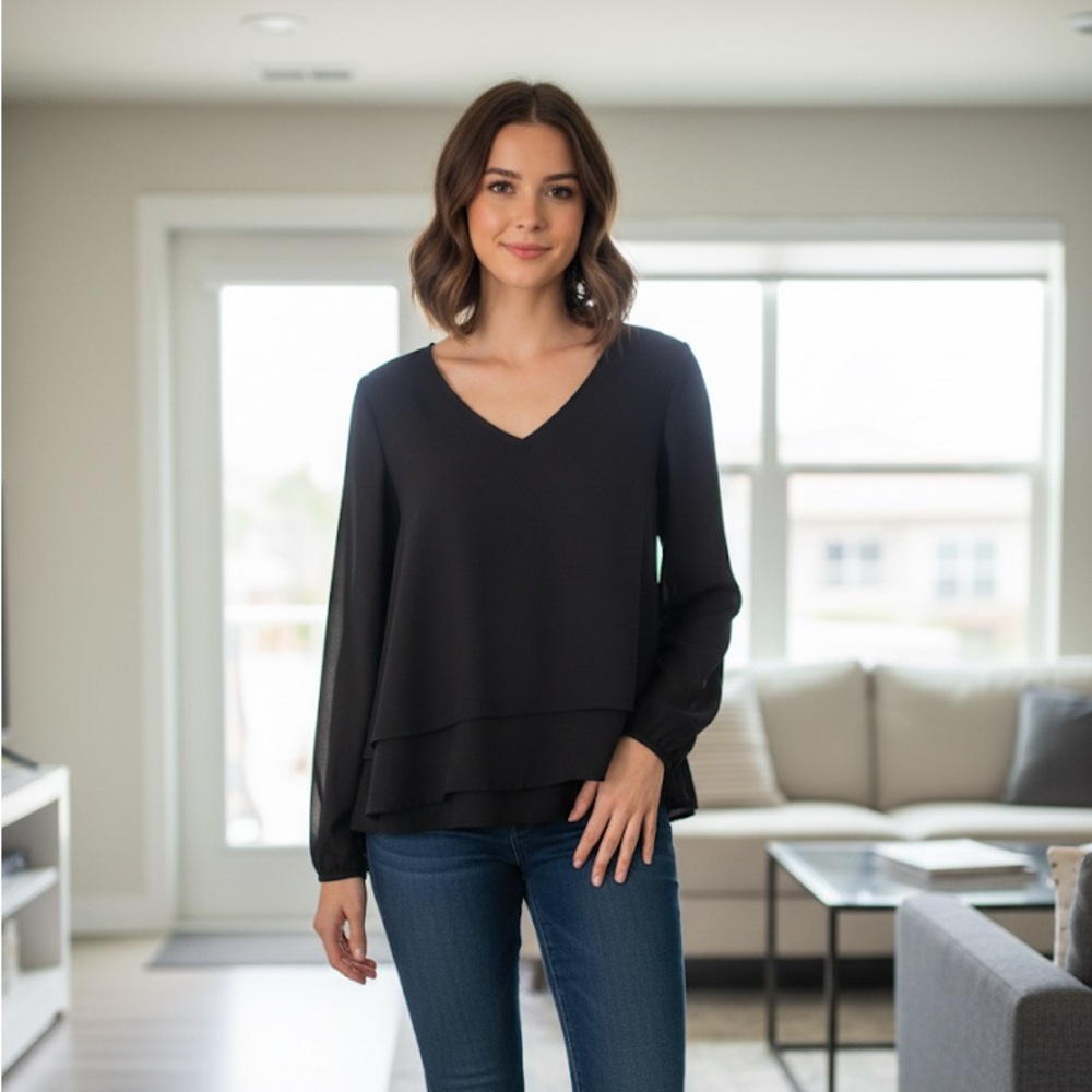 Abercrombie & Fitch Black Layered V-Neck Blouse Long Sleeve Tiered Top M